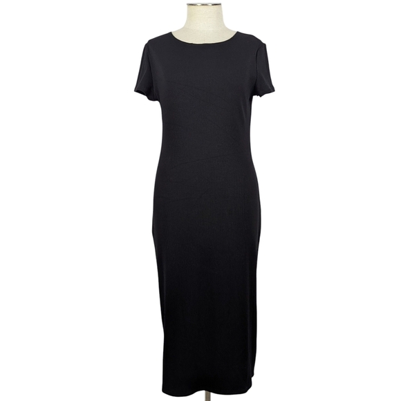 bebe Midi T-Shirt Ribbed Dress Short Sleeve Bodycon Fitted LBD Black M NWT - Picture 2 of 14
